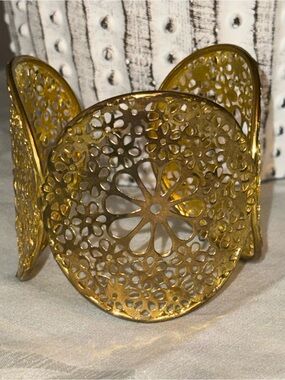 Vintage Style Gold Laser Cut Filigree Cuff Bracelet • Floral Statement Wide Band